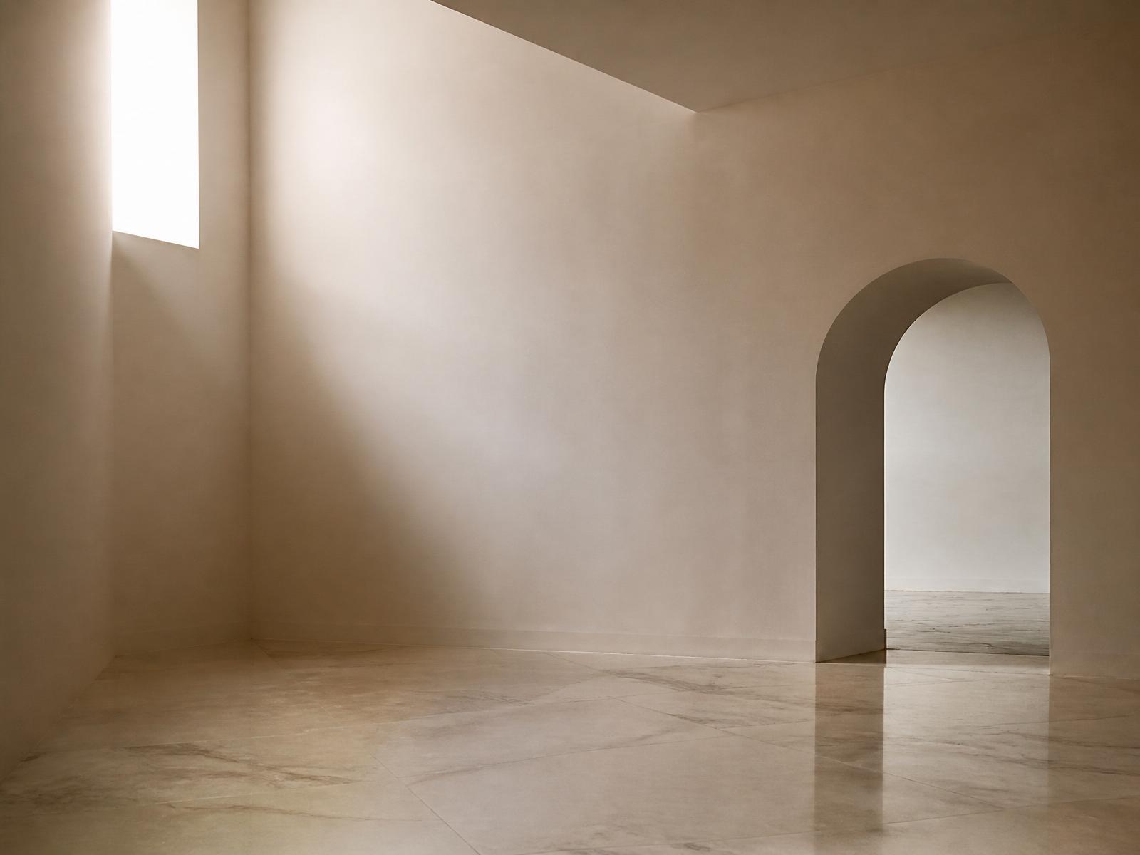 Empty marble gallery with soft daylight through a high window.