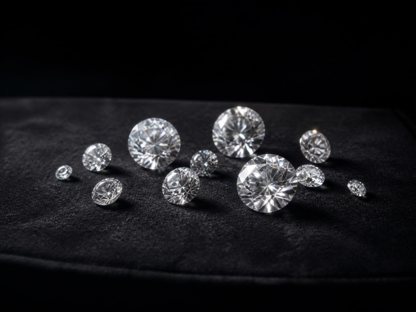 Loose polished diamonds arranged on dark velvet.